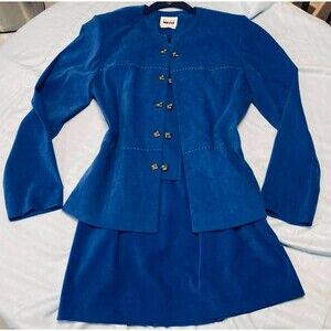 80s 90s Vintage Leslie Fay Skirt Power Suit Set Blue Faux Suede Gold Clasp Sz 8